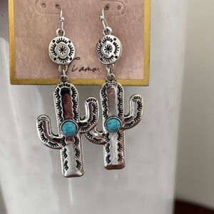LU Gaeta Silvertone,Faux Turquoise stone, Stamped Saguaro Cactus fishhook drop